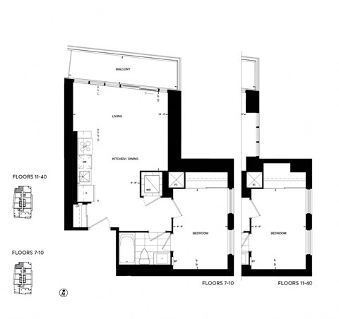 A black and white image of a floor plan for a house with two bedrooms, a living room, a kitchen, and a balcony.